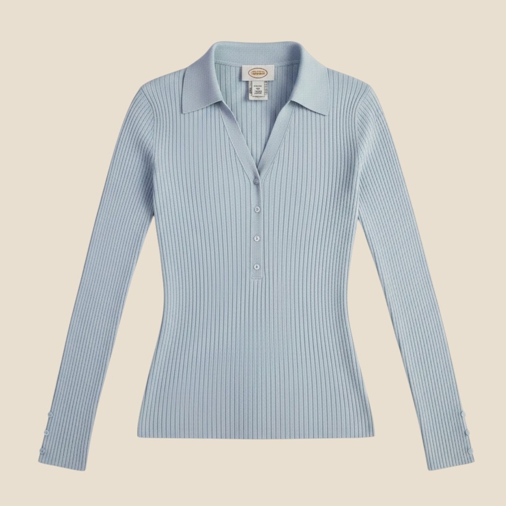 Vintage Talbots Ribbed Polo Sweater M Blue Silk Blend Minimalist Preppy